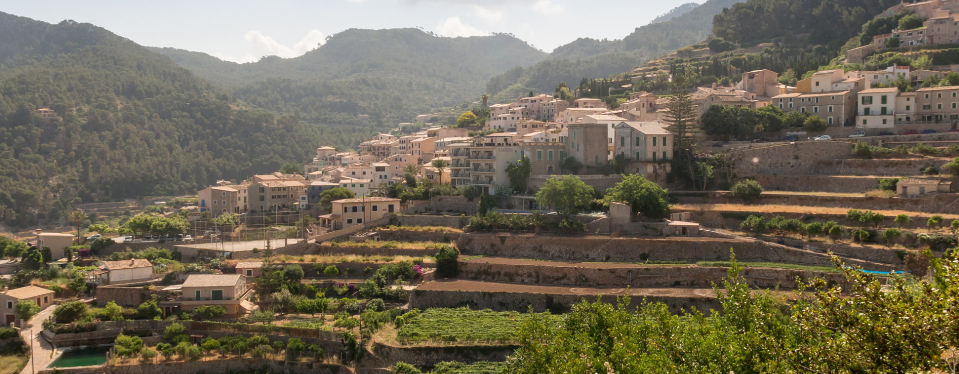 Panoramic view of the village of Banyalbufar in the Serra de Tramuntana, Mallorca.