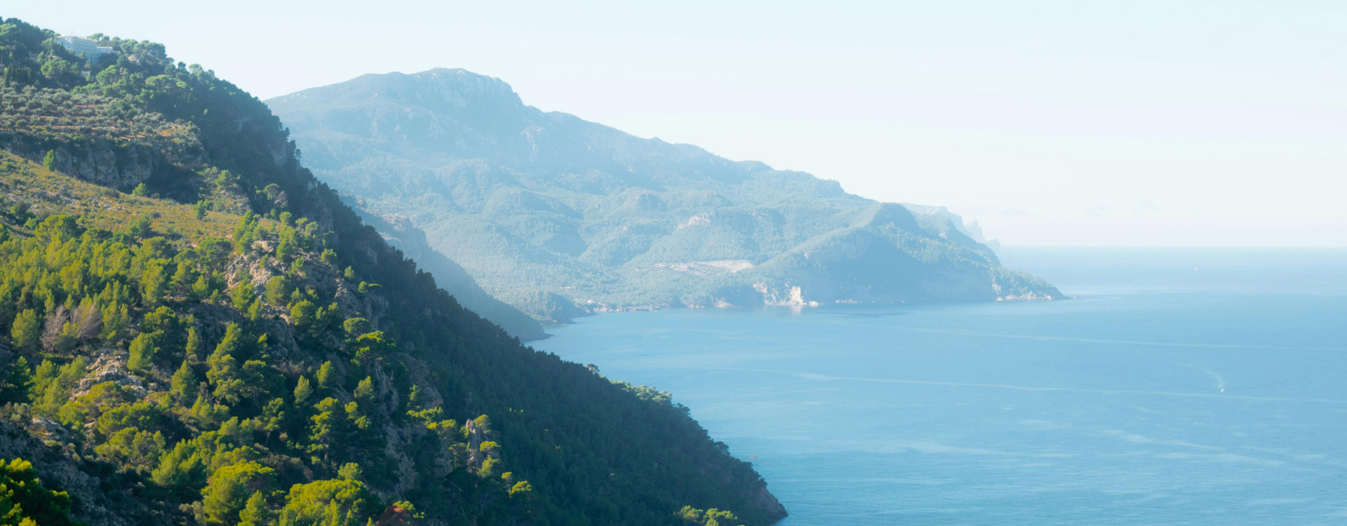 Panoramic view of the Serra de Tramuntana and the Mediterranean Sea in Banyalbufar