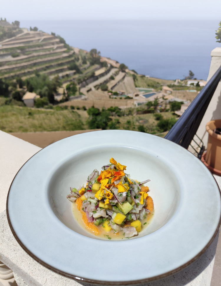 Dish served on the terrace of Sa Baronia, with sea and mountain views.